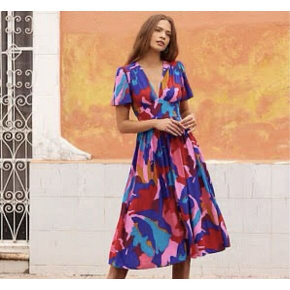 Mister zimi Zuri rayon colorful V-Neck midi dress balloon sleeve size 10 #720 - Picture 1 of 13